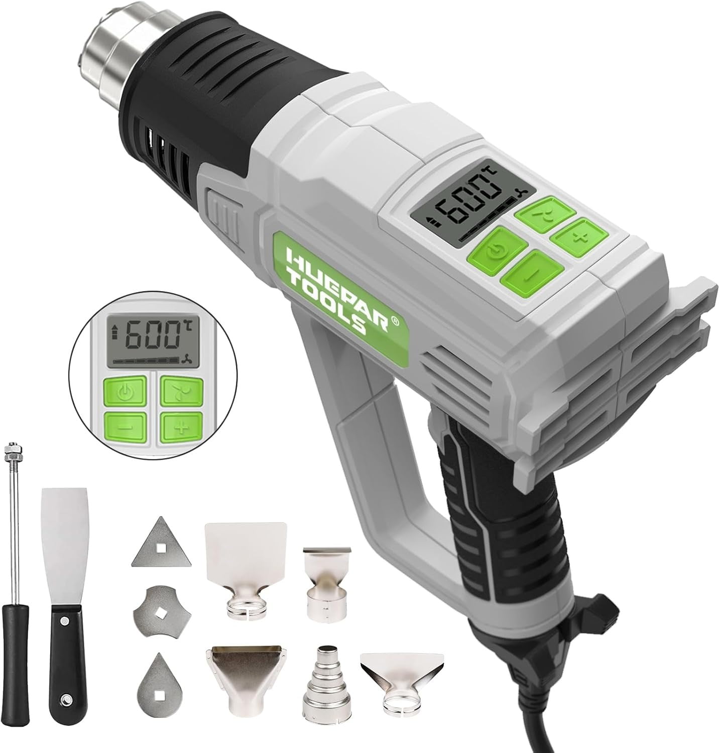 HUEPAR TOOLS 1500W 120V Hot Air Gun with LCD Digital Display, 122℉-1112℉ (50℃-600℃), Suitable for Water Pipe Defrosting, PVC Plastic Pipe Softening, Paint Drying, 10 Accessories