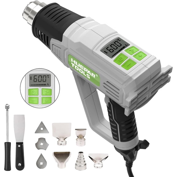 HUEPAR TOOLS 1500W 120V Hot Air Gun with LCD Digital Display, 122-1112 (50-600), Suitable for Water Pipe Defrosting, PVC Plastic Pipe Softening, Paint Drying, 10 Accessories