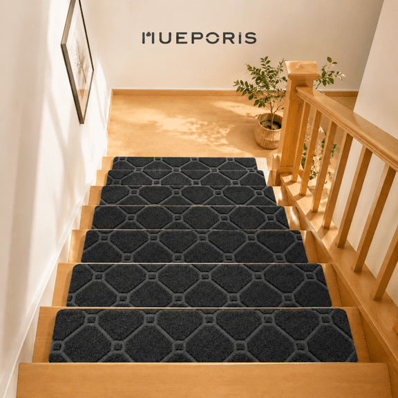 HUEPORIS 15-Pack Embossed Stair Treads for Wooden Steps, 8"x30" Non-Slip Indoor Carpet Stairs, Reusable Adhesive Stair Rugs for Kids Elders Pets, Grey