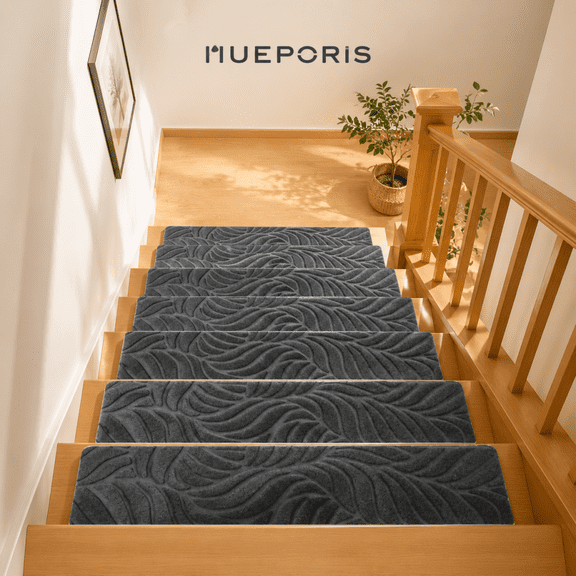 HUEPORIS 15-Pack Printed Stair Treads for Wooden Steps, 8"x30" Non-Slip Indoor Carpet Stairs, Reusable Adhesive Stair Rugs for Kids Elders Pets, Dark Grey