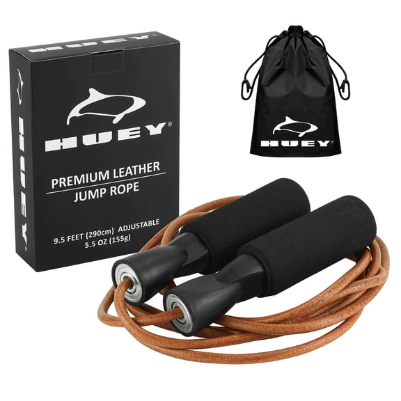 HUEY Sport Leather Jump Rope Skipping Rope for Speed Quiet Training Boxing MMA Cardio Crossfit Fitness Workout Indoor and Outside Exercise for Adult Kids Men and Women (5.5 oz)