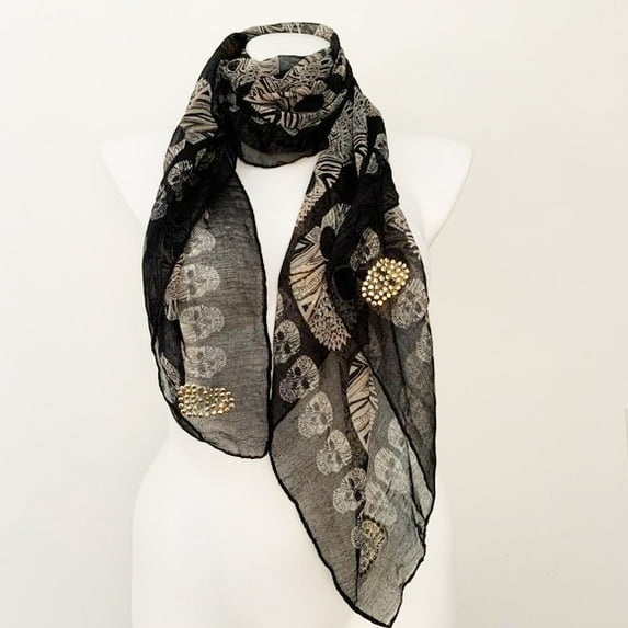 HUGE! Soft Black Gold Bling Skull Print Scarf 44" W x 68"L