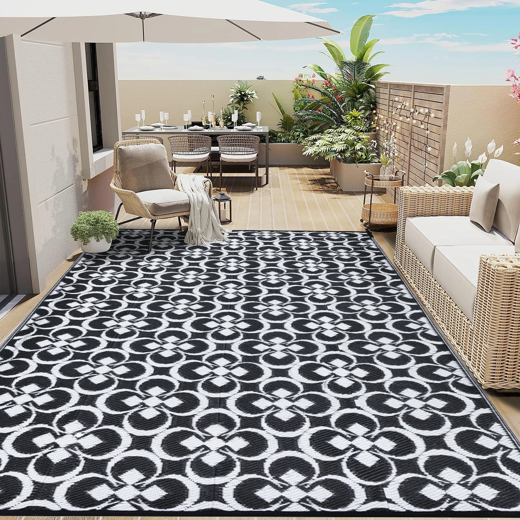 HUGEAR 9'x12' Large Outdoor Rugs Waterproof Patio Rugs,Plastic Straw