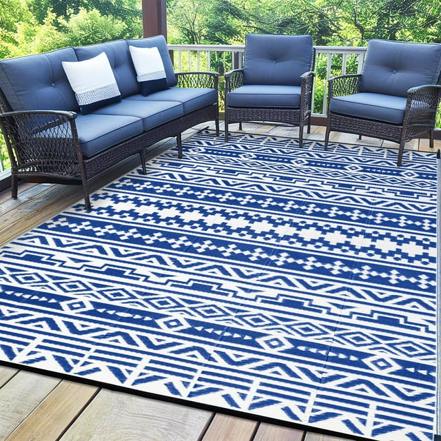 HUGEAR Blue and White 6x9 ft Outdoor Area Rugs Plastic Straw Rugs for