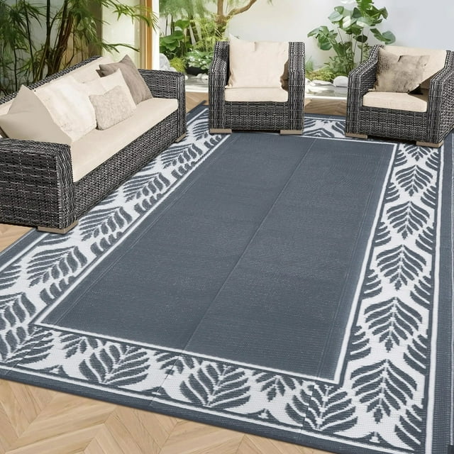 HUGEAR Reversible Plastic Straw Rug, Gray 6'x9' Waterproof Patio ...