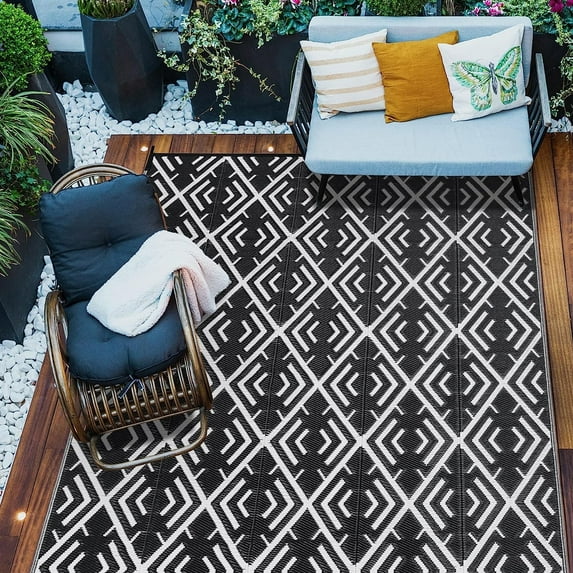 HUGEAR Outdoor Patio Rugs Clearance 9'x12' Waterproof Camping Rugs, RV Rugs for outside, Deck Rug, Pool, Balcony Rugs