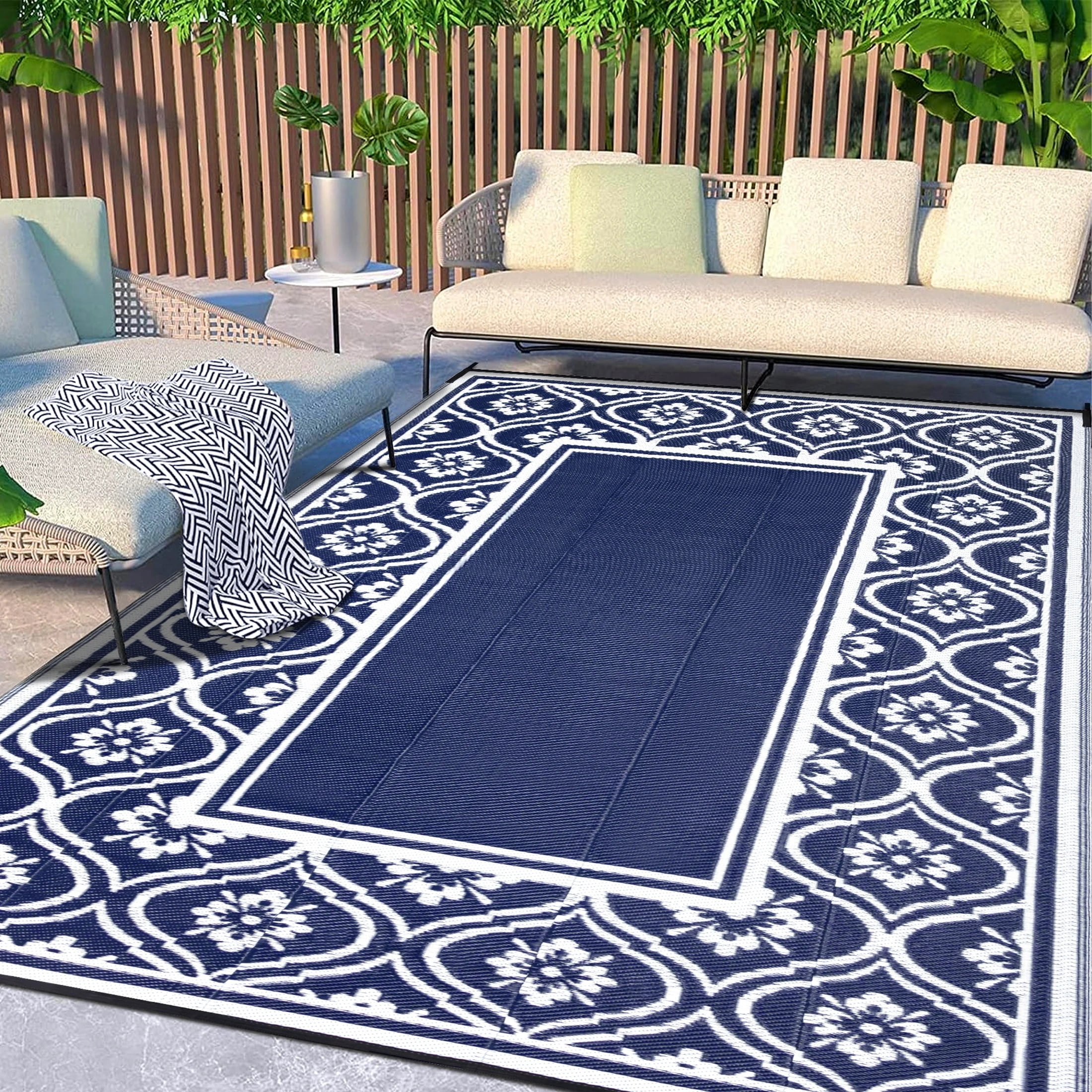 LEEVAN Black and White Outdoor Rug 4x6, Cotton Washable Outdoor Patio Rug,  Black Striped Reversible Rug for Balcony Decor, Woven Durable Entryway Rug