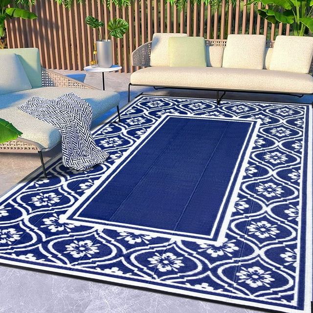 HUGEAR Vintage Blue Outdoor Plastic Rugs Clearance for Patios, Deck
