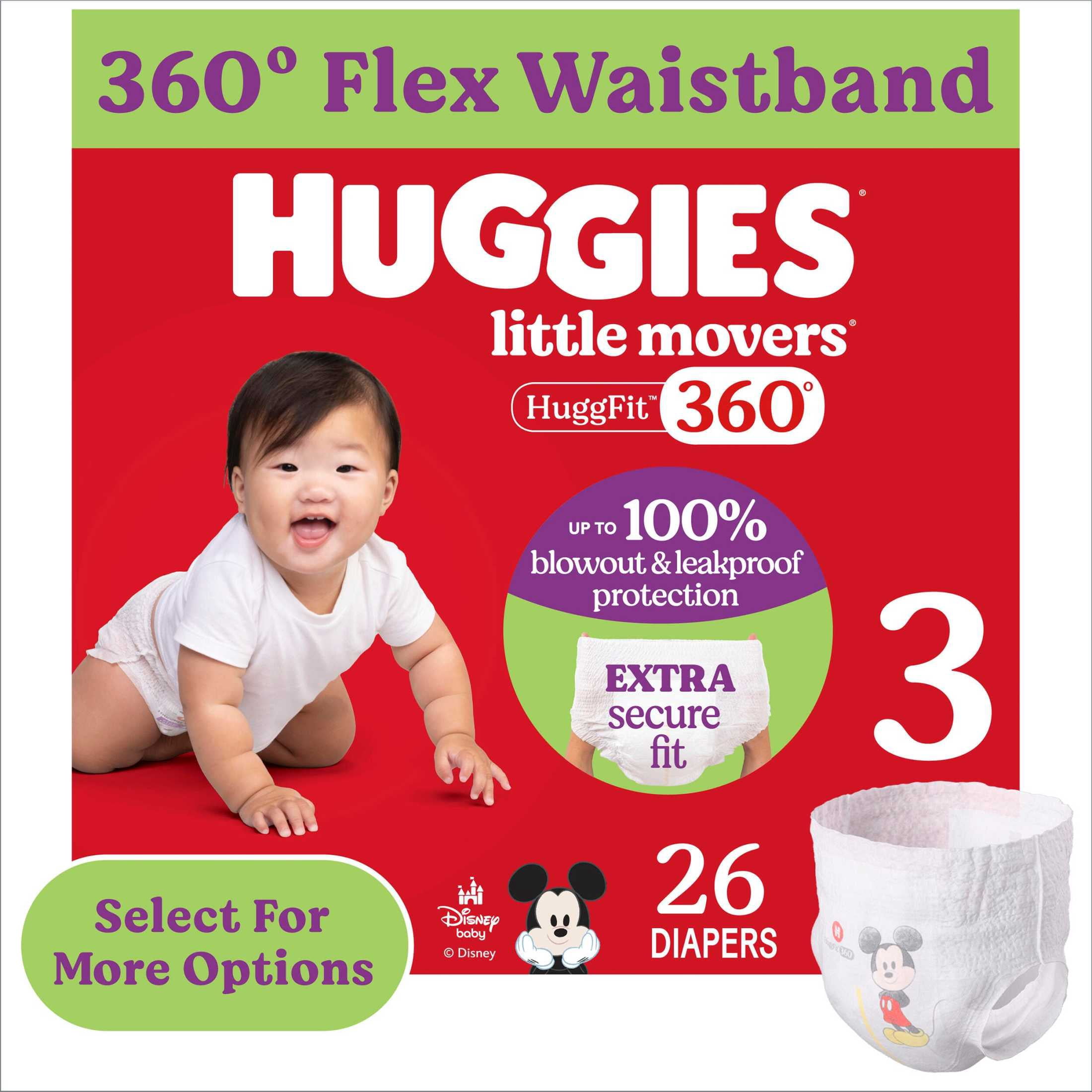 Huggies Little Movers HuggFit 360°, Pull On Diapers with 360° Waistband Size 3, 26 Count