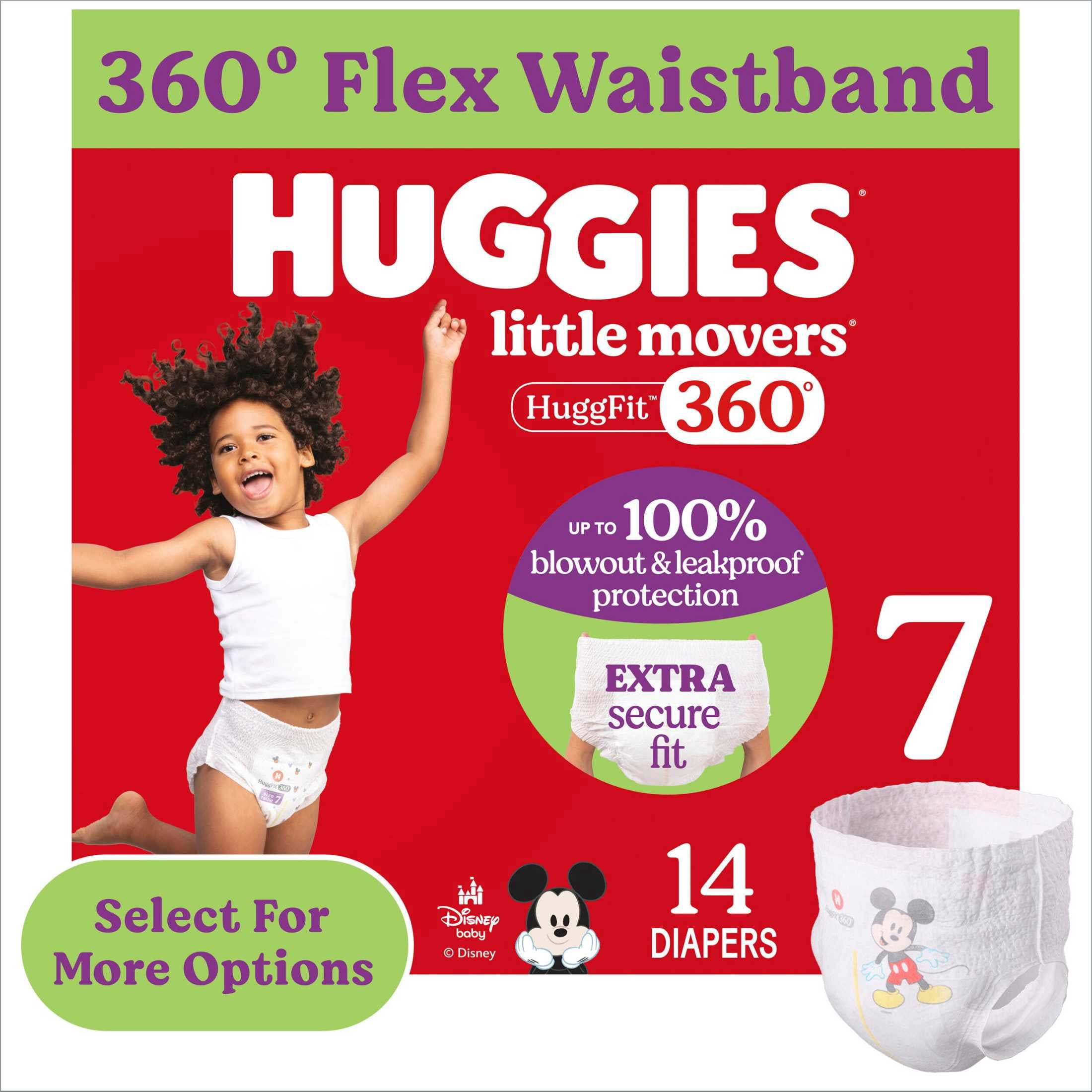 Huggies Little Movers HuggFit 360° Baby Diapers with 360° Waistband, Size 7 (41+ lbs), 14 Count (Select for More)