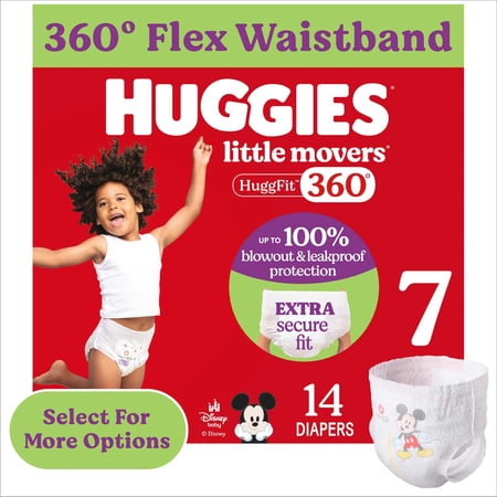 Huggies Little Movers HuggFit 360° Baby Diapers with 360° Waistband, Size 7 (41+ lbs), 14 Count (Select for More)