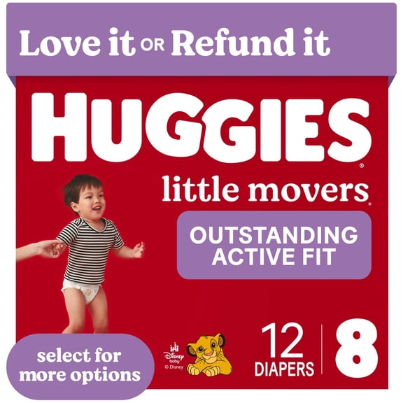 Huggies Little Movers, Extra Absorbent Baby Diapers Size 8, 12 Count