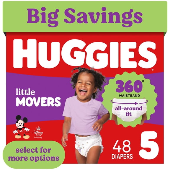 Huggies Little Movers 360° Pull On Diapers with 360° Waistband, Size 5 (27+ lbs), 48 Count (Select for More)