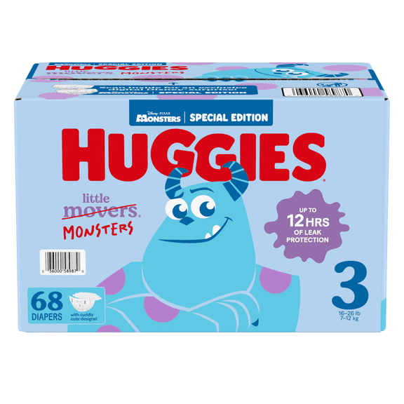 Huggies Little Movers Baby Diapers, Little Monsters Edition, Size 3 (16-26 lbs), 68 Count