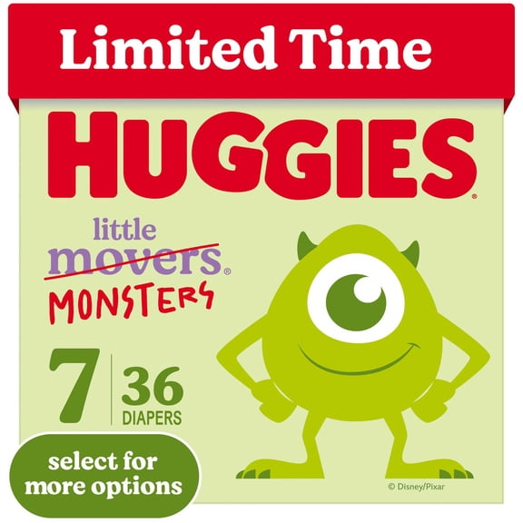 Huggies Little Movers, Little Monsters Edition Baby Diapers, Size 7, 36 Count