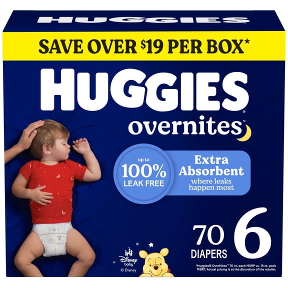 Huggies Overnites Nighttime Baby Diapers, Size 6 (35 lbs), 70 Ct (Select for More)