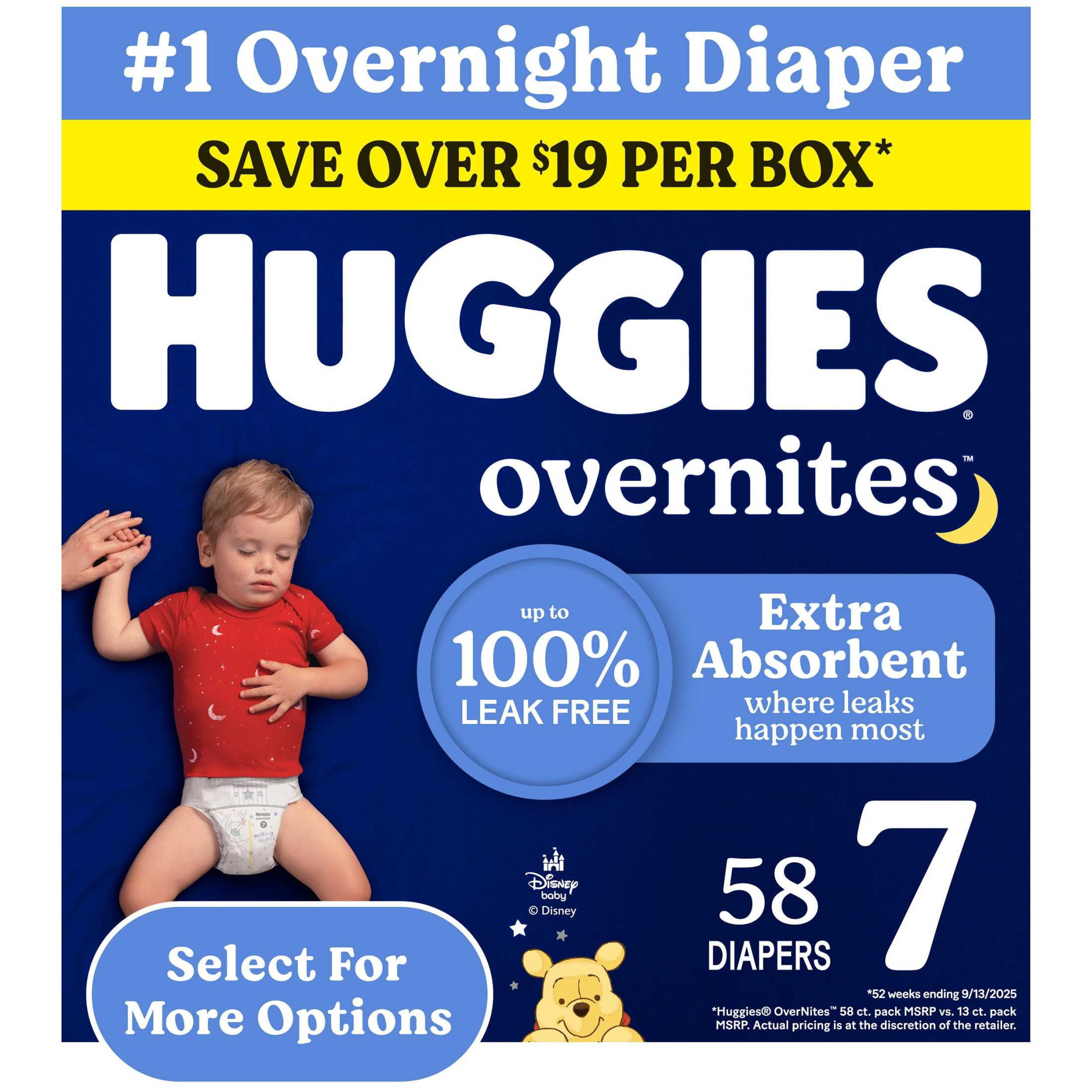 Huggies Overnites Nighttime Baby Diapers, Size 7 (41+ lbs), 58 Ct (Select for More)