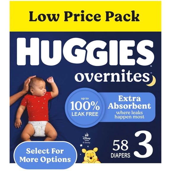 Huggies Overnites Nighttime Baby Diapers, Size 3 (16-28 lbs), 58 Ct (Select for More)