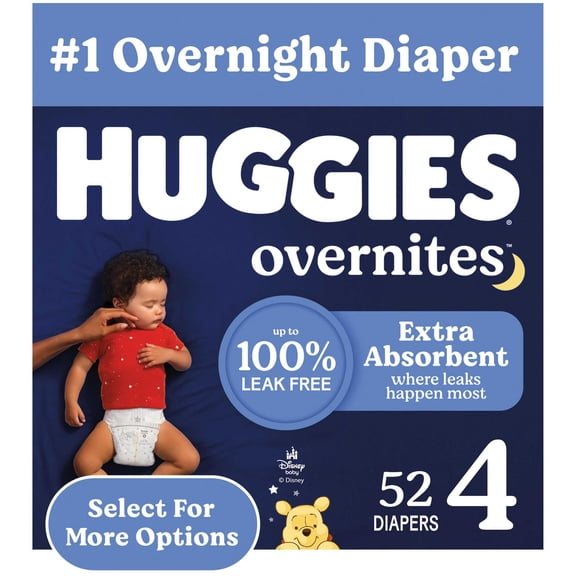 Huggies Overnites Nighttime Baby Diapers, Size 4 (22-37 lbs), 52 Ct (Select for More)