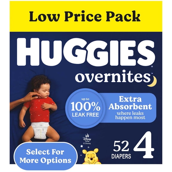 Huggies Overnites Nighttime Baby Diapers, Size 4 (22-37 lbs), 52 Ct (Select for More)