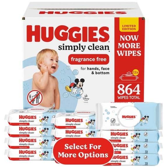 Huggies Simply Clean Unscented Baby Wipes, 12 Flip-Top Packs, 864 Total Count (Select for More)