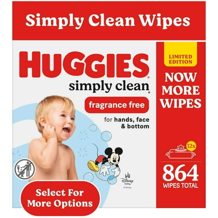 Huggies Simply Clean Unscented Baby Wipes, 12 Flip-Top Packs, 864 Total Count (Select for More)