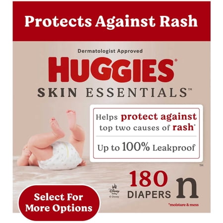 Huggies Skin Essentials Baby Diapers, Size Newborn (6-9 lbs), 180 Count (Select for More)