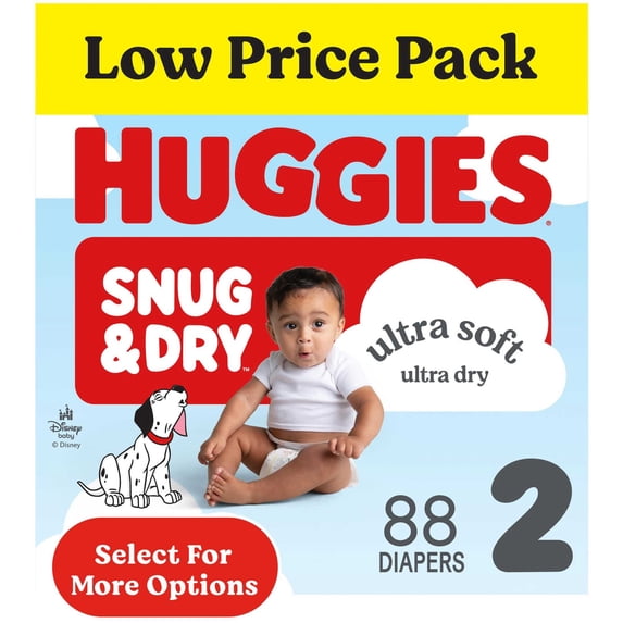 Huggies Snug & Dry Baby Diapers, Size 2 (12-18 lbs), 88 Count (Select for More)