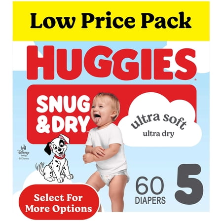 Huggies Snug & Dry Baby Diapers, Size 5 (25-37 lbs), 60 Count (Select for More)