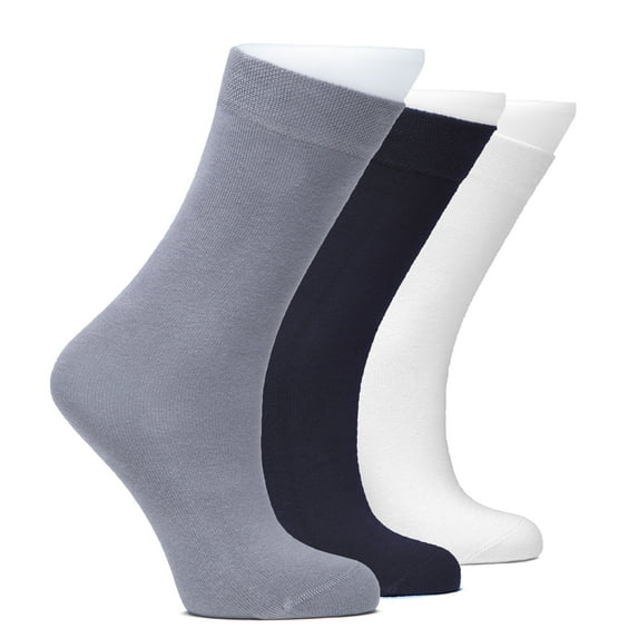 HUGH UGOLI Kids School Uniform Dress Socks, Solid Color, Soft Cotton, No Heel, Seamless Toe Socks for Girls & Boys, 3 Pairs, Assorted (Gray, Navy Blue, White), 3-5 Years