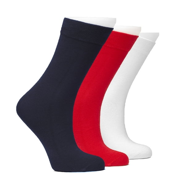 HUGH UGOLI Kids School Uniform Dress Socks, Solid Color, Soft Cotton, No Heel, Seamless Toe Socks for Girls & Boys, 3 Pairs, Assorted (Navy Blue, Red, White), 10-14 Years