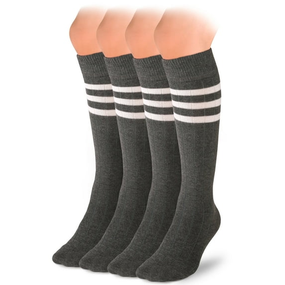 HUGH UGOLI Knee High Cotton Socks for Girls & Boys, Long Tube School Uniform Socks with Stripes, Soft & Comfortable, Dark Gray, 5-6 Years Old, 4 Pairs