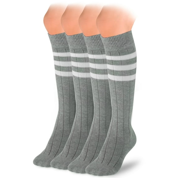 HUGH UGOLI Knee High Cotton Socks for Girls & Boys, Long Tube School Uniform Socks with Stripes, Soft & Comfortable, Light Gray, 12-14 Years Old, 4 Pairs
