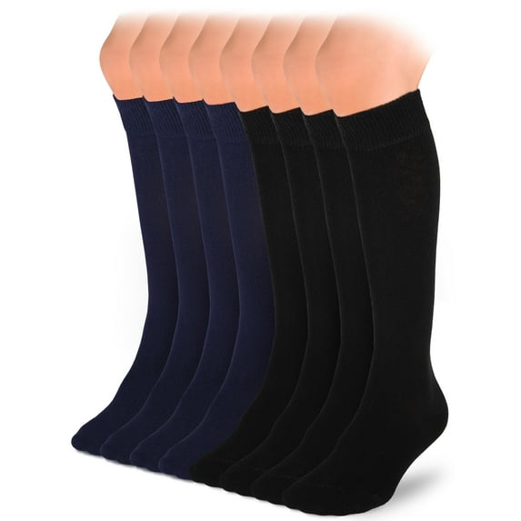 HUGH UGOLI Knee High Cotton Socks for Kids Girls Boys & Toddlers, Long School Uniform Socks, Soft & Comfortable,Black / Navy Blue, 9-11 Years Old, 8 Pairs