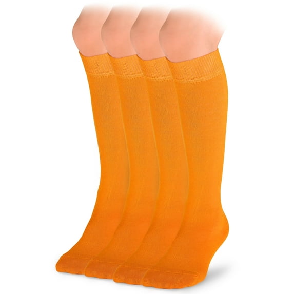 HUGH UGOLI Knee High Cotton Socks for Kids Girls Boys & Toddlers, Long School Uniform Socks, Soft & Comfortable,Pumpkin Orange, 9-11 Years Old, 4 Pairs