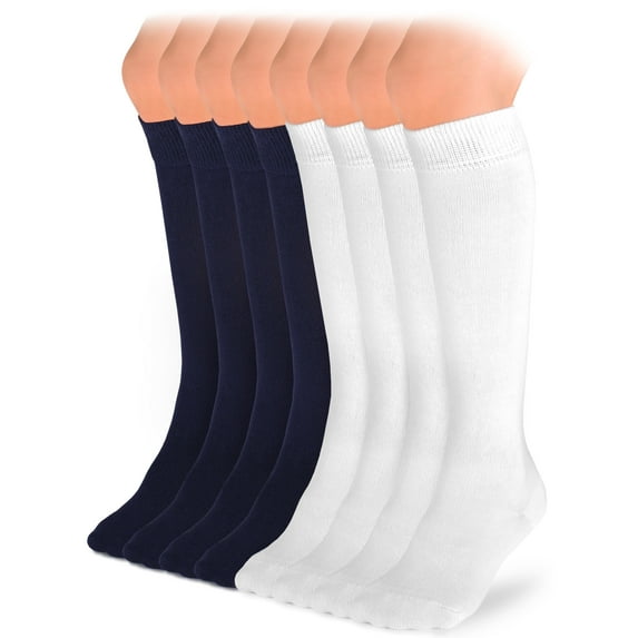 HUGH UGOLI Knee High Cotton Socks for Kids Girls Boys & Toddlers, Long School Uniform Socks, Soft & Comfortable,White/ NavyBlue, 7-8 Years Old, 8 Pairs
