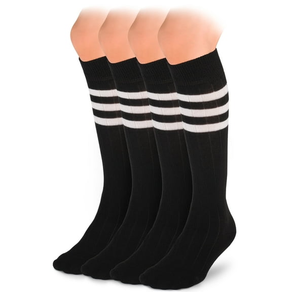 HUGH UGOLI Knee High Cotton Socks for Girls & Boys, Long Tube School Uniform Socks with Stripes, Soft & Comfortable, Black, 5-6 Years Old, 4 Pairs