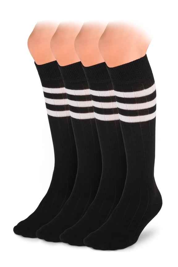 Knee High Cotton Socks for Girls & Boys, Long Tube School Uniform Socks with Stripes, Soft & Comfortable, Black, 7-8 Years Old, 4 Pairs
