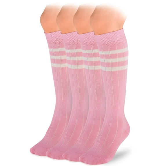 HUGH UGOLI Knee High Cotton Socks for Girls & Boys, Long Tube School Uniform Socks with Stripes, Soft & Comfortable, Pink, 12-14 Years Old, 4 Pairs