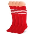thumbnail image 1 of HUGH UGOLI Knee High Cotton Socks for Girls & Boys, Long Tube School Uniform Socks with Stripes, Soft & Comfortable, Red, 12-14 Years Old, 4 Pairs, 1 of 6