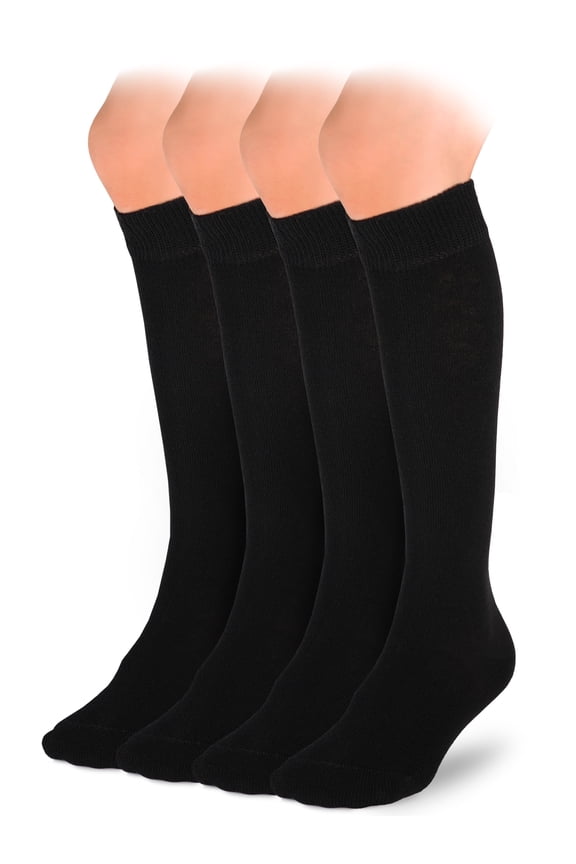 Knee High Cotton Socks for Kids Girls Boys & Toddlers, Long School Uniform Socks, Soft & Comfortable,Black, 12-14 Years Old, 4 Pairs
