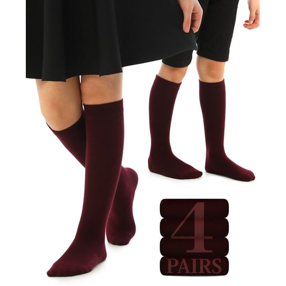 HUGH UGOLI Knee High Cotton Socks for Kids Girls Boys & Toddlers, Long School Uniform Socks, Soft & Comfortable,Burgundy, 12-14 Years Old, 4 Pairs