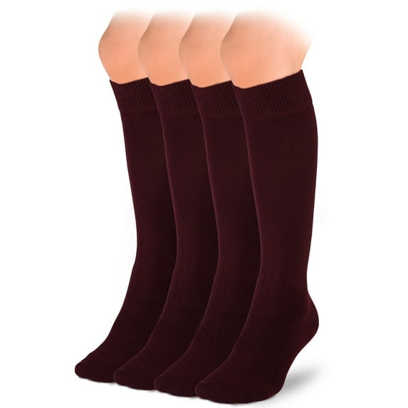 HUGH UGOLI Knee High Cotton Socks for Kids Girls Boys & Toddlers, Long School Uniform Socks, Soft & Comfortable,Burgundy, 9-11 Years Old, 4 Pairs