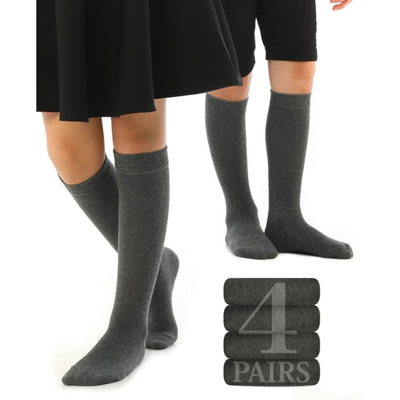 HUGH UGOLI Knee High Cotton Socks for Kids Girls Boys & Toddlers, Long School Uniform Socks, Soft & Comfortable,Dark Gray, 7-8 Years Old, 4 Pairs