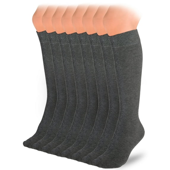 HUGH UGOLI Knee High Cotton Socks for Kids Girls Boys & Toddlers, Long School Uniform Socks, Soft & Comfortable,Dark Gray, 7-8 Years Old, 8 Pairs