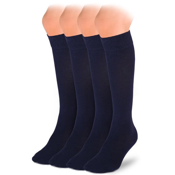 Hugh Ugoli Knee High Cotton Socks for Kids Girls Boys & Toddlers, Long School Uniform Socks, Soft & Comfortable,Navy Blue, 5-6 Years Old, 4 Pairs