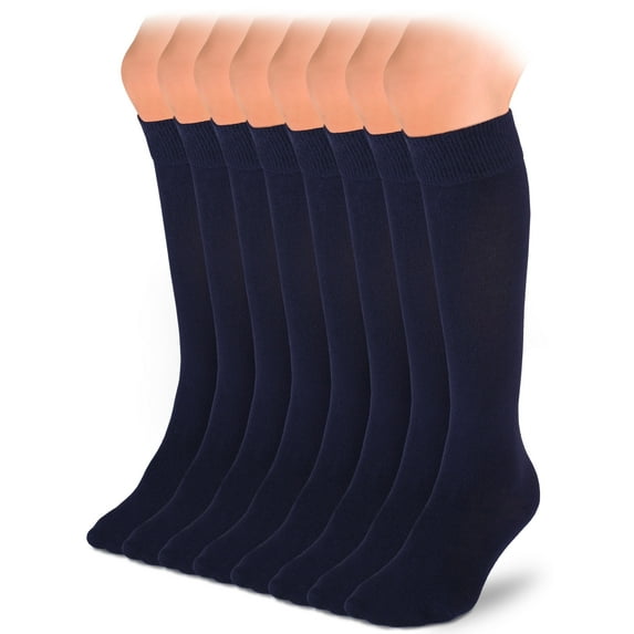 HUGH UGOLI Knee High Cotton Socks for Kids Girls Boys & Toddlers, Long School Uniform Socks, Soft & Comfortable,Navy Blue, 5-6 Years Old, 8 Pairs