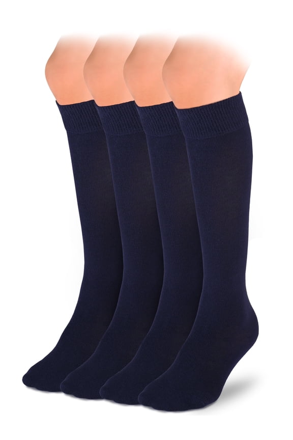 Knee High Cotton Socks for Kids Girls Boys & Toddlers, Long School Uniform Socks, Soft & Comfortable,Navy Blue, 7-8 Years Old, 4 Pairs