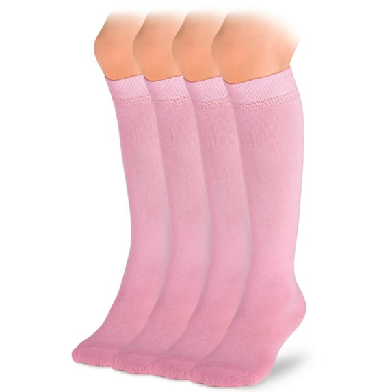 HUGH UGOLI Knee High Cotton Socks for Kids Girls Boys & Toddlers, Long School Uniform Socks, Soft & Comfortable,Pink, 9-11 Years Old, 4 Pairs
