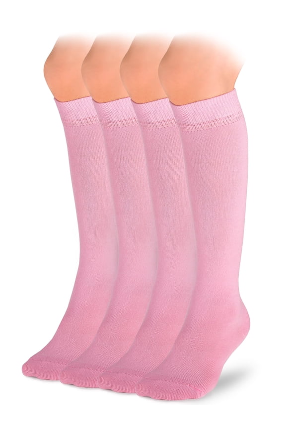 Knee High Cotton Socks for Kids Girls Boys & Toddlers, Long School Uniform Socks, Soft & Comfortable,Pink, 9-11 Years Old, 4 Pairs